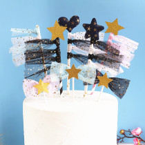 Creative five-pointed star transparent gauze cake plug bakery dessert table decoration Black Pink blue tassel flag