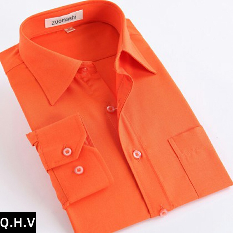 Men's Orange Long-Sleeved Shirt, Solid Color Men's Clothing, Orange Plain Color, Trendy Youth Fashion Casual Men's Shirt