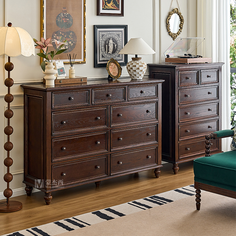 American-Style Solid Wood Nine-Drawer Cabinet, Wall-Mounted Chest of Drawers for Living Room, Vintage Light Luxury Bedroom French-Style Retro Drawer Storage Cabinet