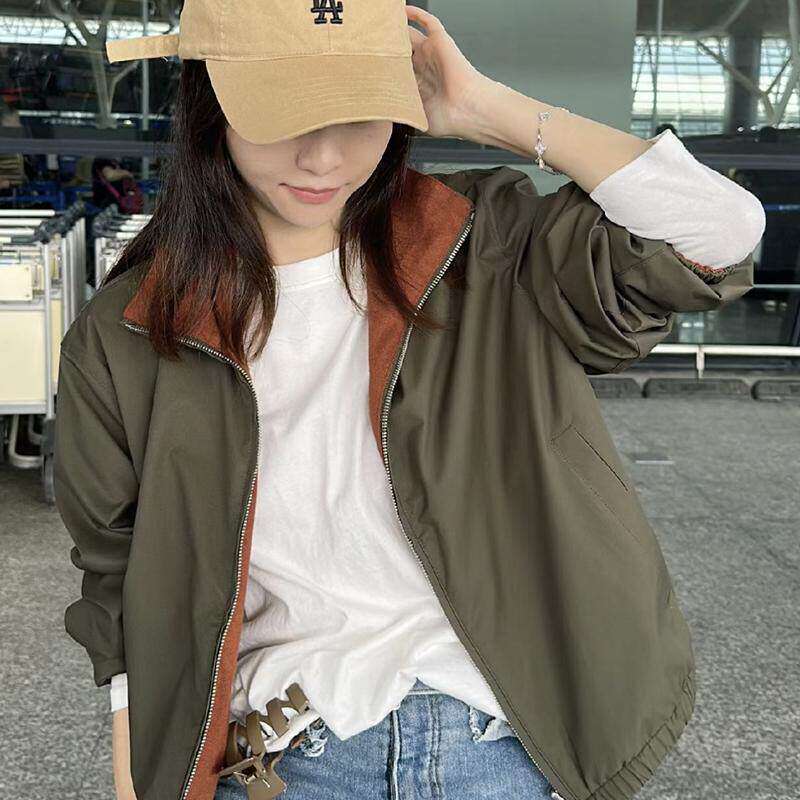 Collaboration with Stars 3W+ Maillard Old Money Style Women's Reversible Stretch Knit Windbreaker Jacket Trend