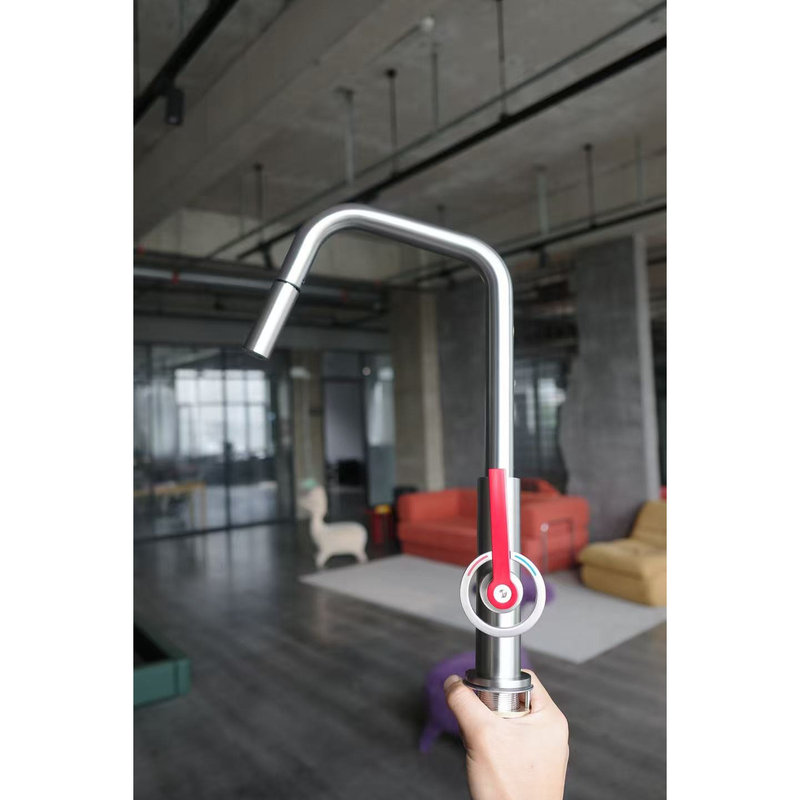 New Model Red Handle 304 Food-Grade Stainless Steel Pull-Out Hot and Cold Splash-Proof Brushed Nickel Kitchen Faucet