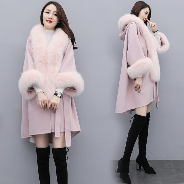 ລະດູຫນາວ trendy ໃຫມ່ຂອງແມ່ຍິງແບບເກົາຫຼີຄົນອັບເດດ: ຂະຫນາດໃຫຍ່ fur collar hooded cloak jacket woolen