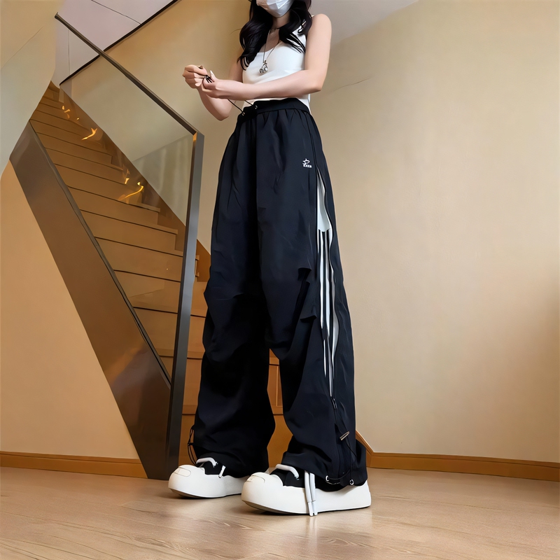 Side Zipper Quick-Dry Pants for Men and Women, Autumn Niche Striped American-Style Three-Stripe Wide-Leg Pants, Height-Enhancing and Slimming Floor-Length Pants