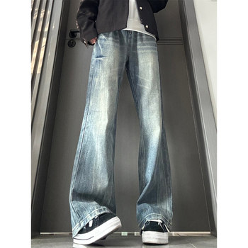 Lightning-Patterned Flared Jeans for Men, Winter Fleece-Lined, American High Street Vibe Pants, High-Waisted, Straight-Leg, Curved Pants