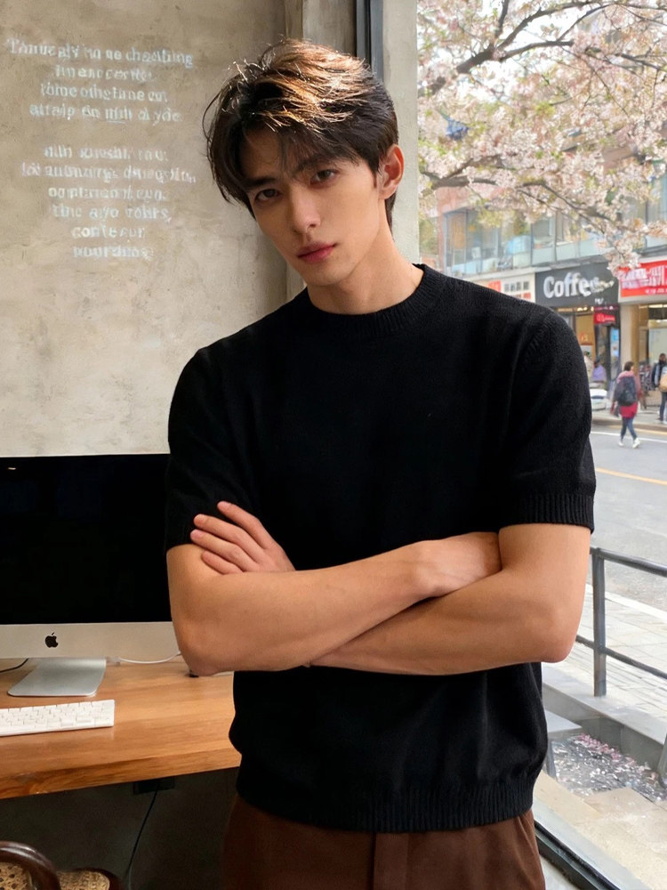 Black Regular Shoulder Knit Short-Sleeve Men's Summer Solona Cool Quick-Dry Ice Silk T-Shirt with a Small Neckline for Layering