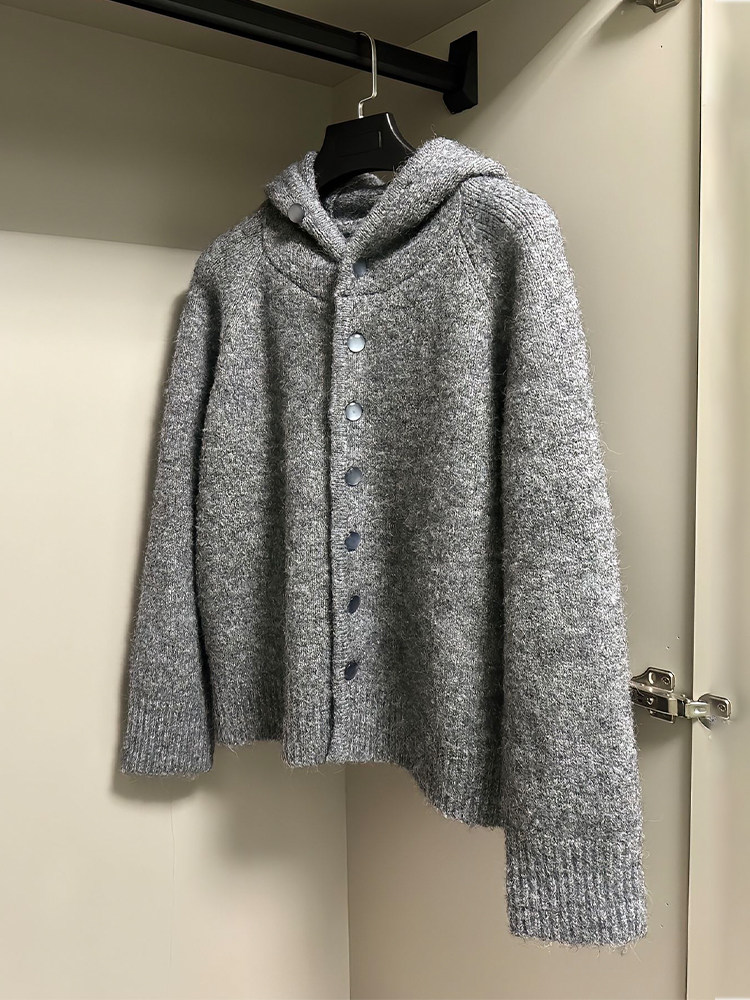 Dark Gray Hooded Sweater for Men, Autumn and Winter, Lazy and High-End Knitted Cardigan, American Retro Cleanfit Jacket