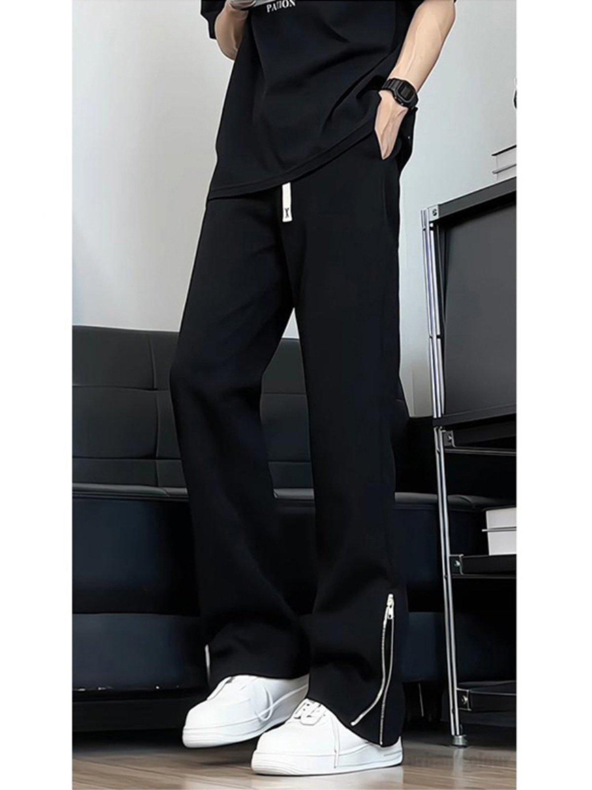 White Floral Gray Flared Wide-Leg Pants for Men, Autumn Zipper Hem Niche Sweatpants, American High Street Versatile Floor-Length Pants