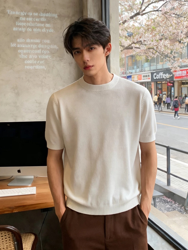 Black Regular Shoulder Knit Short-Sleeve Men's Summer Solona Cool Quick-Dry Ice Silk T-Shirt with a Small Neckline for Layering