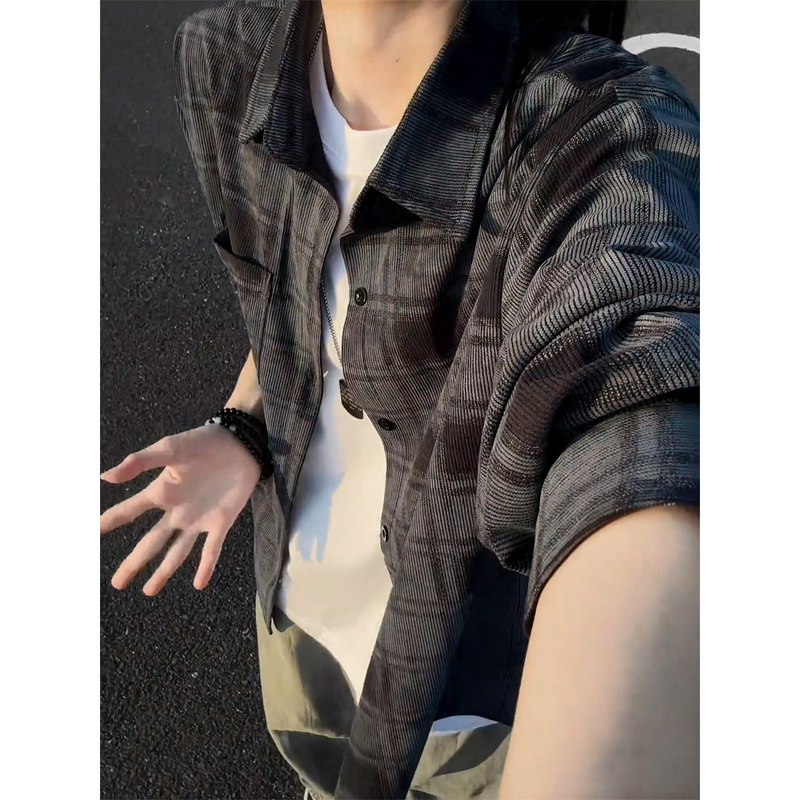 Navy Blue American Retro Tie-Dye Plaid Shirt for Men, Loose and Casual Style, High-End Long-Sleeved Jacket