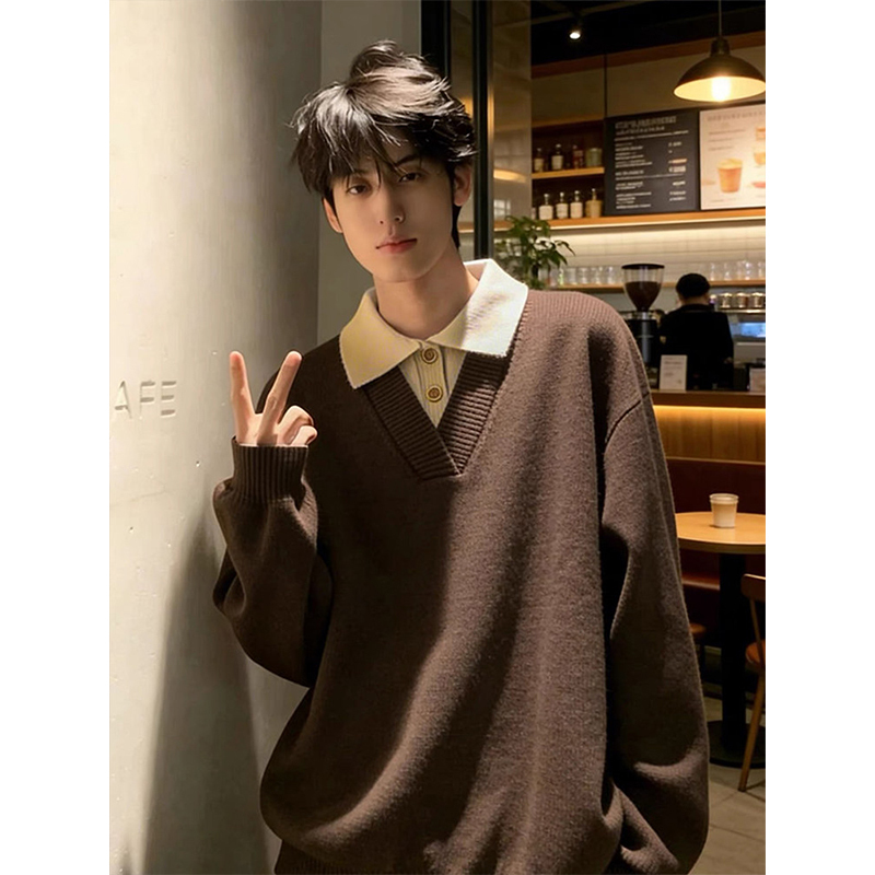 Brown Coffee-Colored Melard Shirt with a Fake Two-Piece Sweater Collar, Men's Winter Thick Lazy-Style High-End V-Neck Knitwear Brown Coffee-Colored Melard Shirt with a Fake Two-Piece Sweater Collar, Men's Winter Thick Lazy-Style High-End V-Neck Knitwear