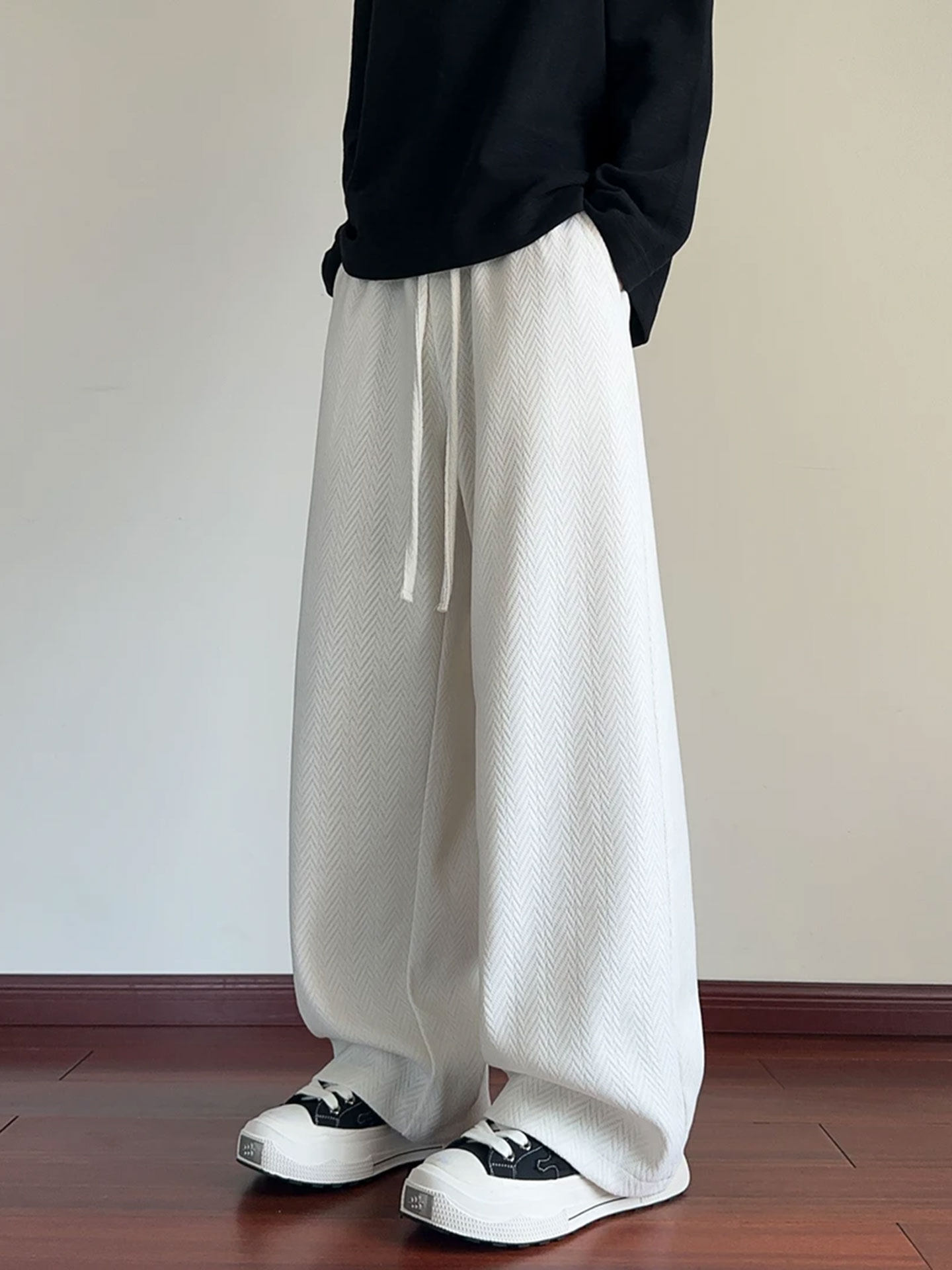 Wheat-Pattern Curved Knife Sweatpants for Men, New Autumn and Winter Trendy Straight-Leg Long Pants, Versatile Loose Drape Wide-Leg Pants