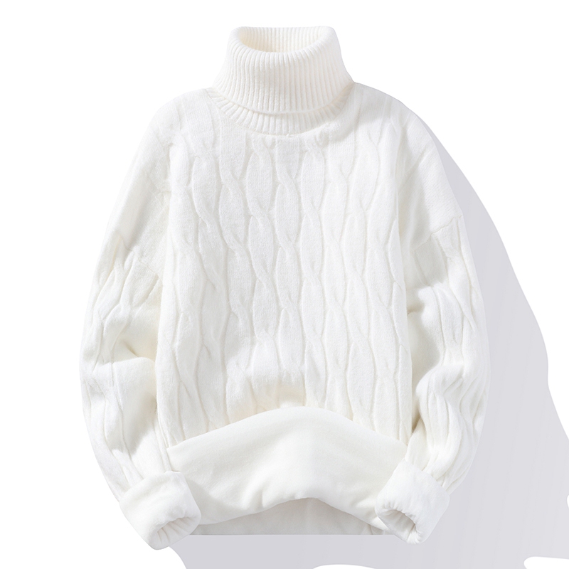 Men's Turtleneck Sweater for Autumn and Winter, Korean Style, Fleece-Lined, Thickened, White, Warm Knitwear, Trendy Brand, Winter Base Layer