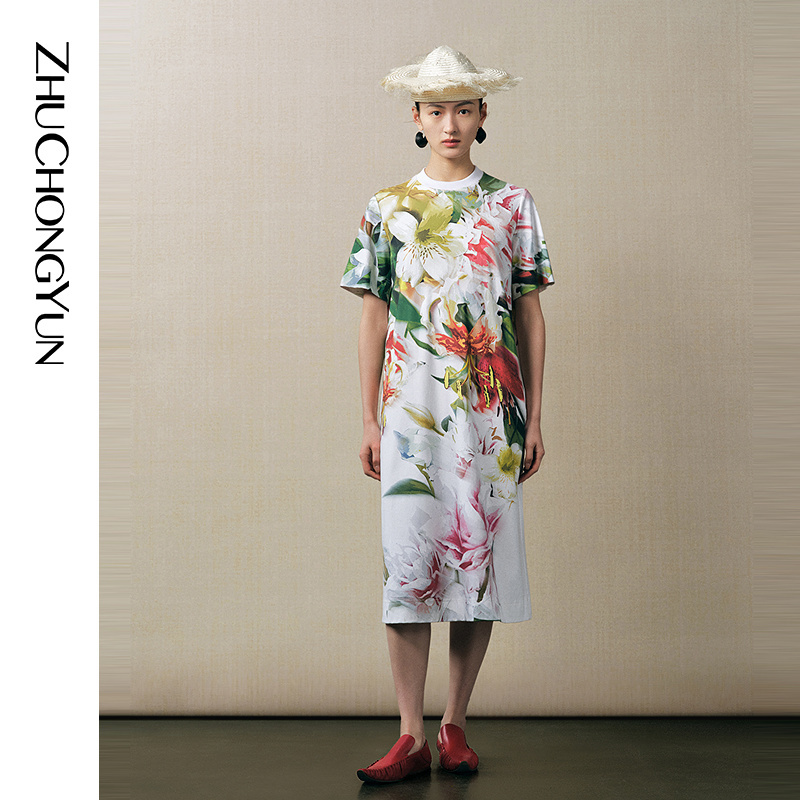 【Flaming Flowers】Zhuchongyun Summer Round Neck Chinese Style Printed Short Sleeve Long Dress