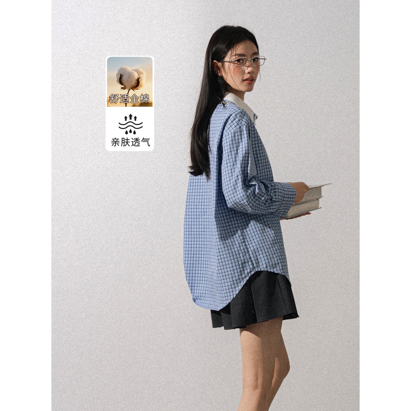 Subtiel Pure Cotton Miu Style Long-Sleeved Shirt for Women, New Spring and Autumn Style, French Style Shirt with Lapel, Blue Plaid Top