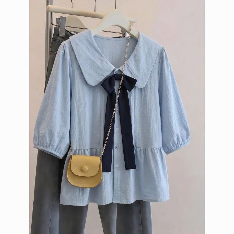 Plus Size 1.0-150kg French Bow Doll Collar Short-Sleeved Shirt for Women, Summer Loose Design, Body-Covering Top Plus Size 1.0-150kg French Bow Doll Collar Short-Sleeved Shirt for Women, Summer Loose Design, Body-Covering Top