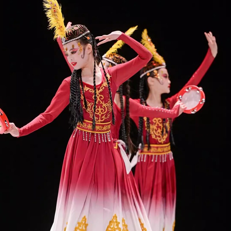 Xinjiang Dance Performance Costumes for Children, Uyghur Performance Clothing, Pomegranate Red, Blooming Flowers, Tambourine Props