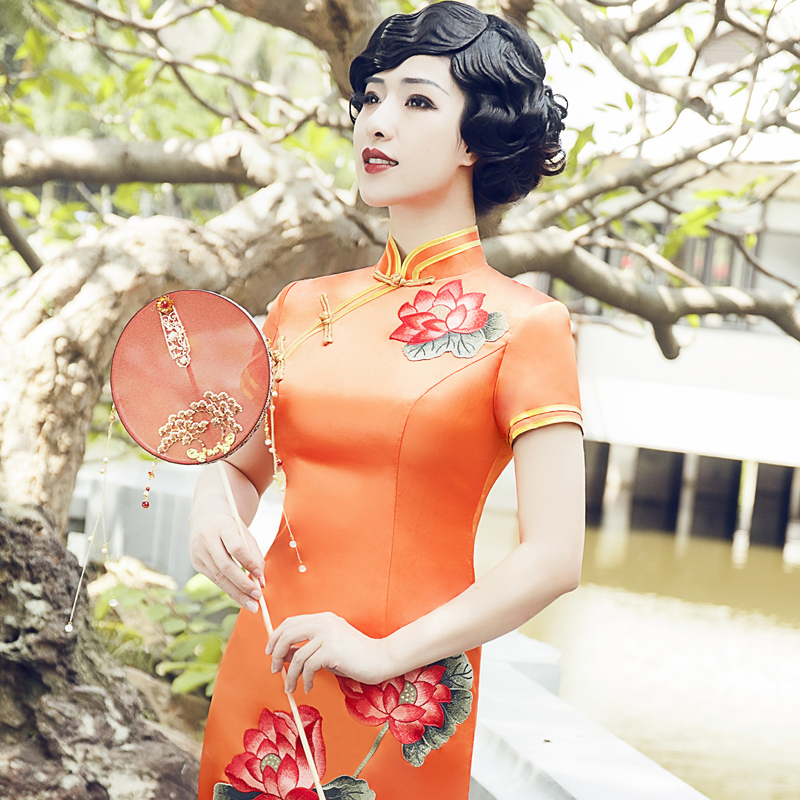 Mingyue Gorgeous Performance Costume, Runway Show Slim-Fit Cheongsam, Team Uniform, Stage Dress, Orange Lotus Heavy Embroidery Mingyue Gorgeous Performance Costume, Runway Show Slim-Fit Cheongsam, Team Uniform, Stage Dress, Orange Lotus Heavy Embroidery