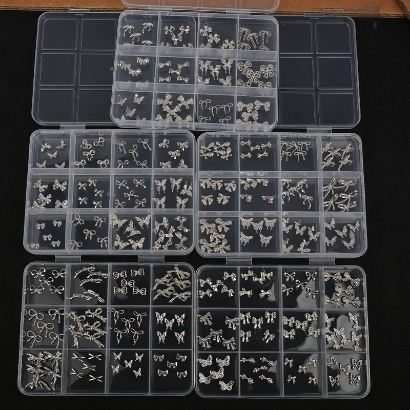 12-Compartment Alloy Box Set of Nail Art Accessories, French and Japanese Style Bow Decorations, Nail Stickers, Press-On Nail Accessories