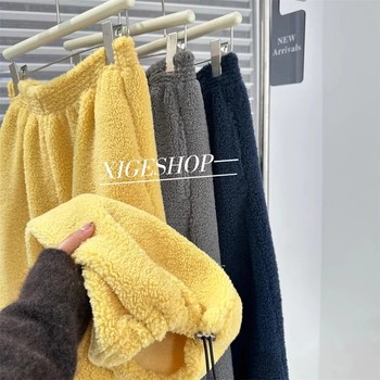 Outlet ~ clearance foreign trade lamb wool casual pants women's loose warm wide leg two-wear straight leg pants with tie-in feet