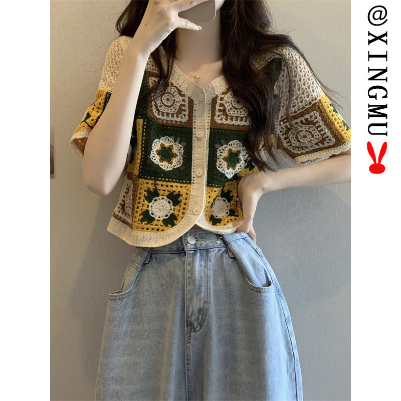 Summer Clothing 2026 New Style Xishuangbanna Top Summer Design Color-Blocking Crochet Hollow Short-Sleeve T-Shirt Women's Clothing