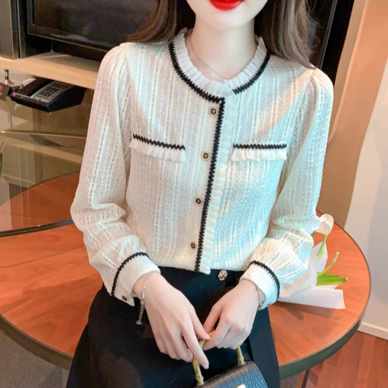 White Chanel-Style Lace Shirt, Base Layer for Women, Spring, Autumn, and Winter 2026 New Popular Long-Sleeve Top