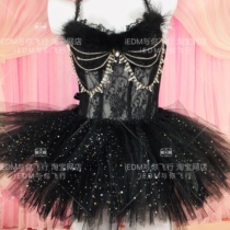 Rhinestone pendant hairy edge lace see-through corset womens body sculpting strap sexy performance costume vest luminous tutu