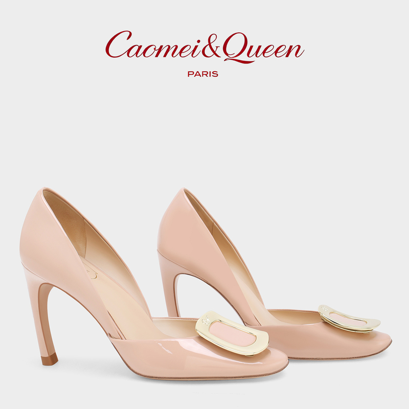 Strawberry Queen 2026 New Nude Pink Patent Leather Square Buckle Rhinestone Square Toe Hollow Sheepskin Stiletto Sandals for Women