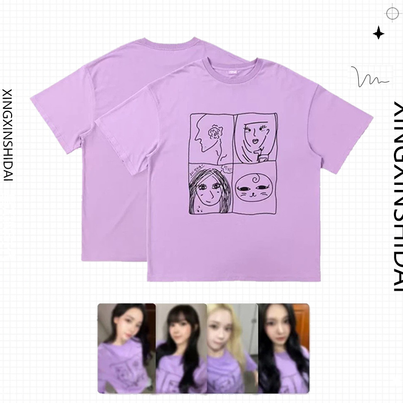 Aespa Variety Show Aesparty Merchandise Same Style Short-Sleeved T-Shirt for Women New Summer Pure Cotton Purple Top Aespa Variety Show Aesparty Merchandise Same Style Short-Sleeved T-Shirt for Women New Summer Pure Cotton Purple Top