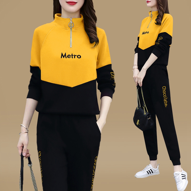 2023 Spring and Autumn New Stand-up Collar Sportswear Suit Women's Large Size Casual Long-sleeved Slim Sweatshirt Two-piece Set Trendy