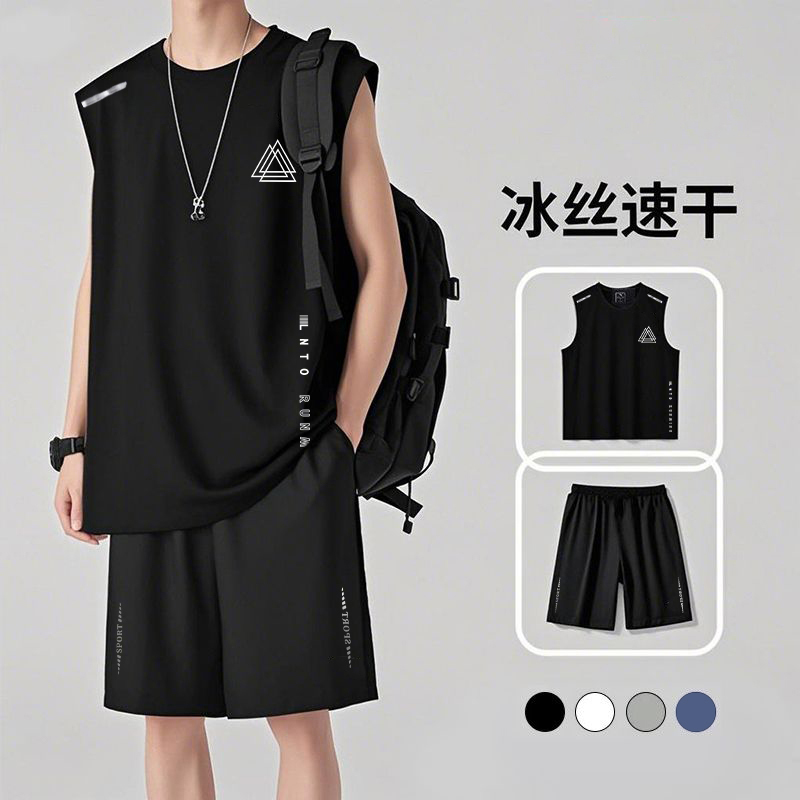 Quick-Drying Vest Set for Men 2025 Summer Ice Silk Running Sportswear Sleeveless T-Shirt Shorts Casual Two-Piece Set