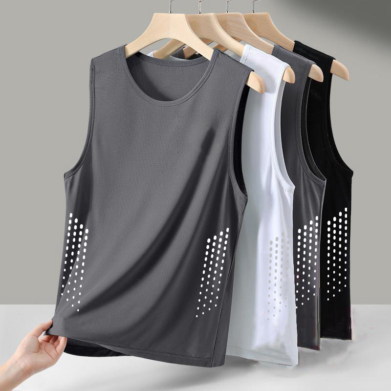 【Fast Delivery】Men's Ice Silk Vest Trendy Round Neck Mesh Breathable Quick-Drying Sports Wide Sleeveless Top for Men