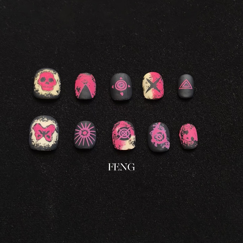 Purely Handmade Short Style High-End Hand-Painted Detachable Nail Art, Original Design in Black and Pink Color Scheme