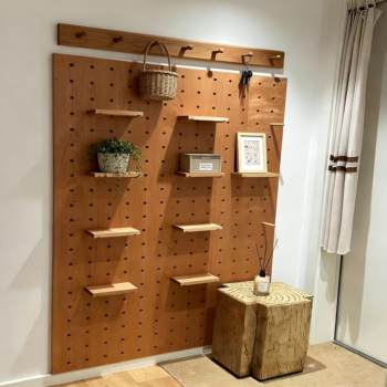 Cherry wood red oak walnut color solid wood hole board custom entry entrance wall hanging styling wall storage rack