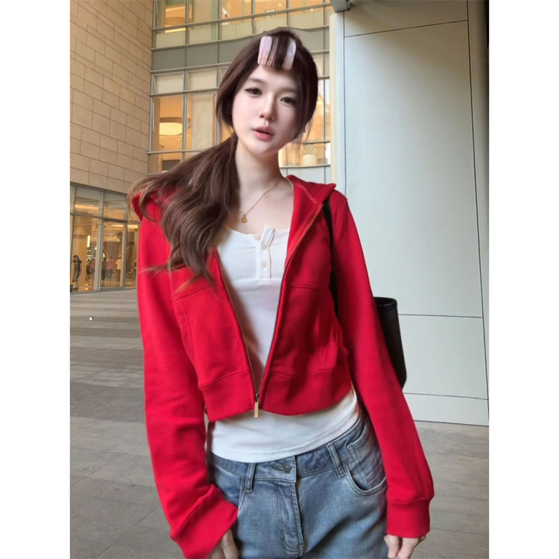 American-Style Patchwork Red Thin Cardigan Zipper Sweatshirt for Women, Autumn Slim Fit, Stylish and Versatile, Casual Jacket American-Style Patchwork Red Thin Cardigan Zipper Sweatshirt for Women, Autumn Slim Fit, Stylish and Versatile, Casual Jacket