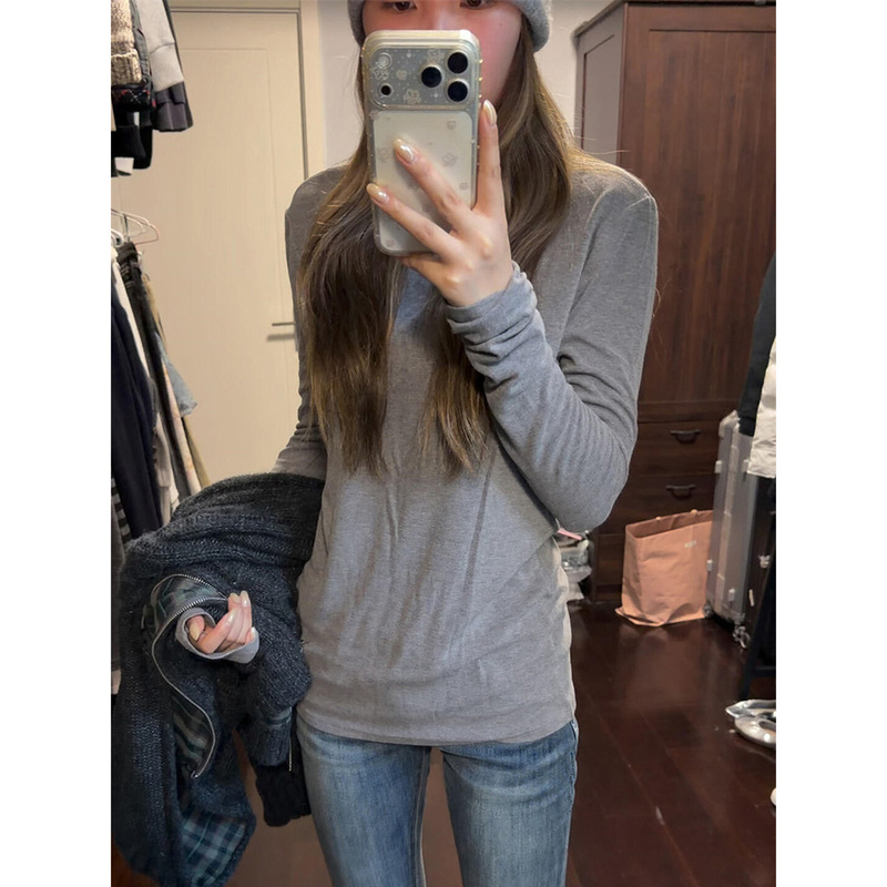 Trendy Chinese Brand Patchwork Gray Basic Long-Sleeve T-Shirt for Women, Early Autumn Slim-Fit Design, Versatile and Stylish Top