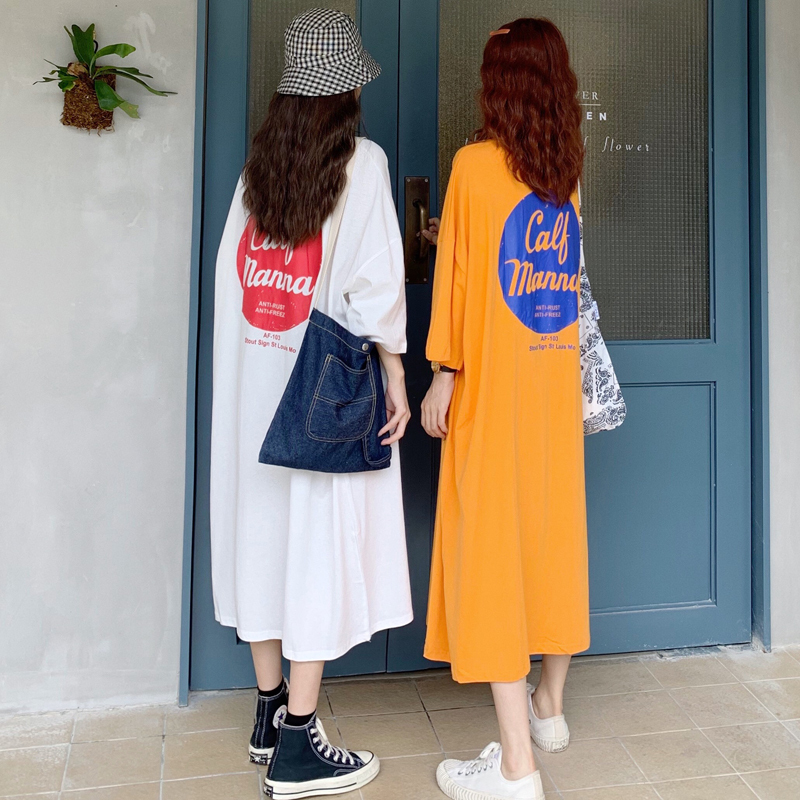 European Style Oversized Short-Sleeve T-Shirt for Women, Long Length, Above the Knee, Trendy Loose Korean Style Harajuku Half-Sleeve Dress Top