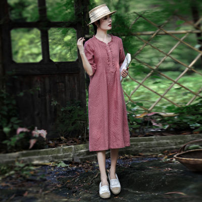 2026 New Chinese-style retro artistic linen dress for women, round-neck five-quarter sleeve A-line dress, single-layer casual loose