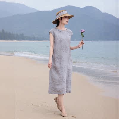 The 2026 new summer floral openwork linen dress, an original Chinese-style cotton and linen women's A-line dress, is laid-back and cool