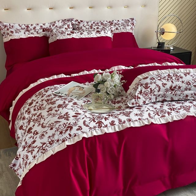 French retro A-class skin-friendly cotton wedding four-piece set red wedding quilt cover bed sheet new U-marriage dowry bedding