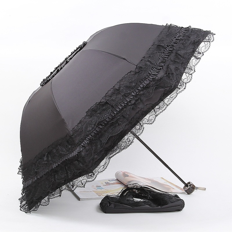 Korean Style Sun Umbrella, Sun Protection and Uv Protection Umbrella for Women, Dual-Use for Sun and Rain, Foldable Black Glue Lace Princess Sunshade Umbrella