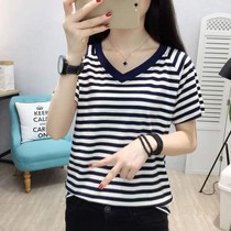 95% cotton short sleeve t-shirt woman fit 2020 new streaks v collar increased code loose cover with slim and compassionate blouses