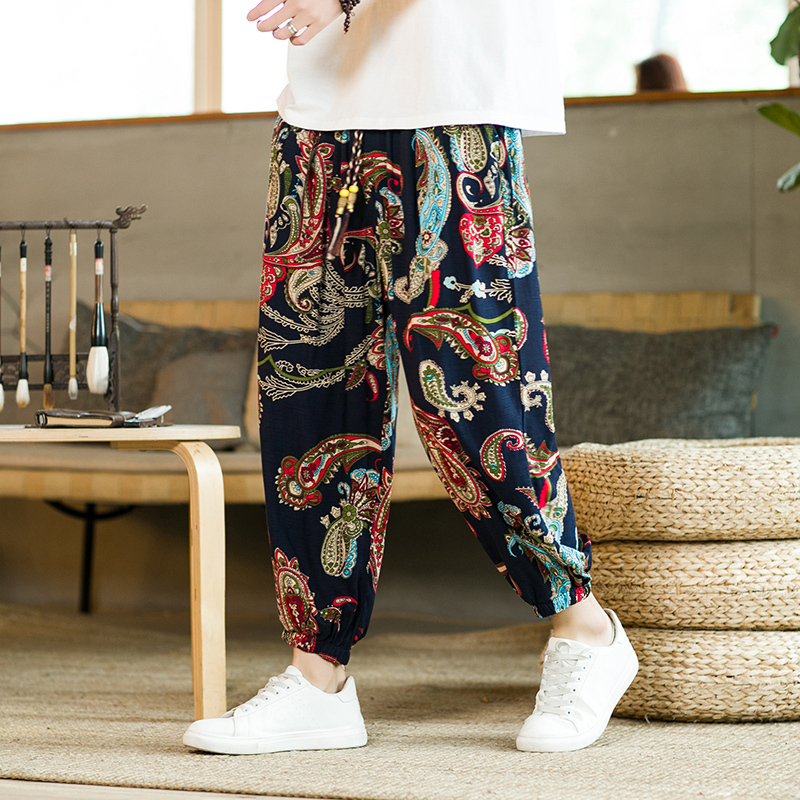 Ethnic Style Cotton and Linen Pants for Men, Chinese Style, Thai, Nepalese, Loose Casual Wide-Leg Harem Pants, Trendy