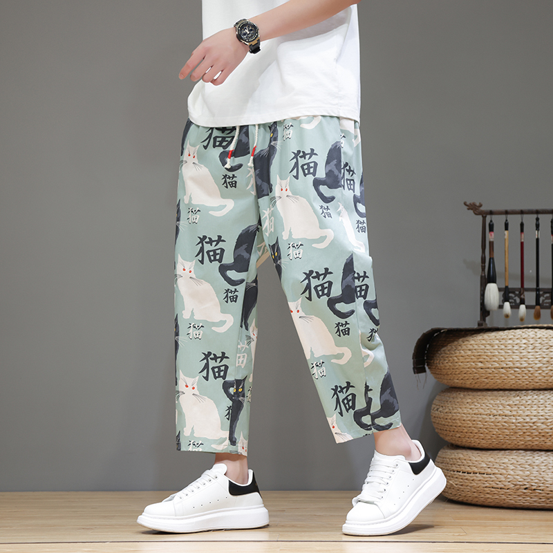 Trendy Japanese-Style Cropped Pants with Cat Print for Men, Plus-Size Chinese Style Men's Casual Home Pants for Summer