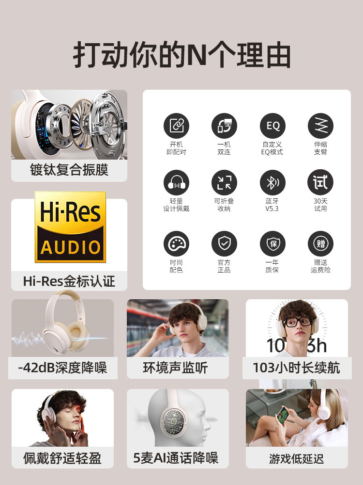 Siberian Feather Dm02 Wireless Active Noise Canceling Bluetooth Headphones Over-Ear Wired Gaming Sound Isolation Headset