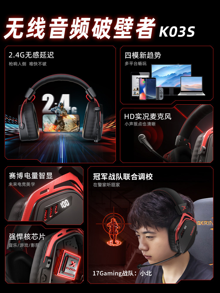 Siberia K03S Wireless Over-Ear Gaming Headset for Desktop Computers, Bluetooth E-Sports Dedicated Headset, Smart Display Version