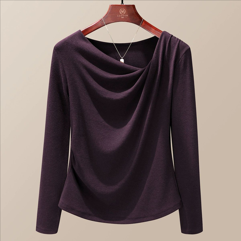 High-Quality Acrylic Autumn Ruched Waist-Covering Tummy-Shaping Curved Hem Slimming Plus-Size Regular Shoulder Asymmetrical Neckline Long-Sleeve T-Shirt for Women