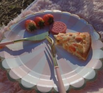 Disposable pink striped childrens year party decoration picnic tableware set paper plate paper cup paper towel paper cup