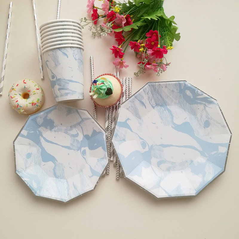Hot Silver Blue Cutlery Birthday Party Meet Disposable Cutlery Marble Tattoo Upscale Cake Snack Paper Tray