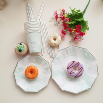 Hot silver mint green tableware birthday party disposable tableware marble high-end cake snack paper plate