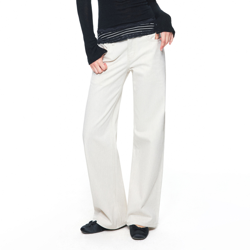 Seenthemoon*100% Cotton Flap Patch Pocket Floral Embroidery Two-Tone Slub Cotton White Straight-Leg Jeans
